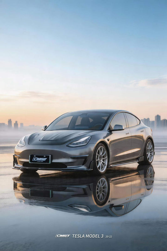 Tesla Model 3 Performance Long Range Standard Base 2017 2018 2019 2020 2021 2022 2023 with Aftermarket Parts - V1 Hood Bonnet Carbon Fiber / FRP from CMST Tuning