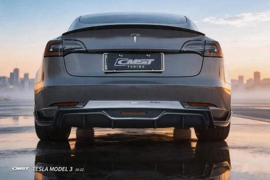 Tesla Model 3 Performance Long Range Standard Base 2017-2023 with Aftermarket Parts - V5 Style Rear Diffuser & Canards Carbon Fiber / FRP from CMST Tuning