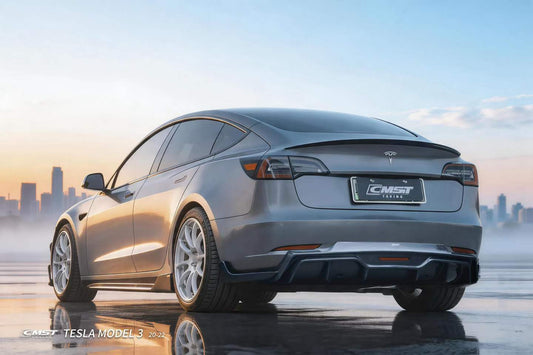 Tesla Model 3 Performance Long Range Standard Base 2017-2023 with Aftermarket Parts - V5 Style Rear Diffuser & Canards Carbon Fiber / FRP from CMST Tuning