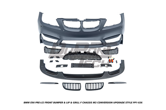 BMW 3 Series E90 Pre-LCI 2006 2007 2008 with Aftermarket Parts - F Chassis M3 Conversion Upgrade Style Front Bumper & Lip & Grill PP Polypropylene from DuPont Tech