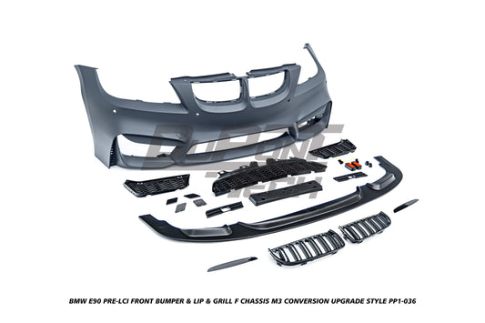 BMW 3 Series E90 Pre-LCI 2006 2007 2008 with Aftermarket Parts - F Chassis M3 Conversion Upgrade Style Front Bumper & Lip & Grill PP Polypropylene from DuPont Tech