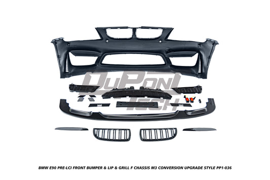 BMW 3 Series E90 Pre-LCI 2006 2007 2008 with Aftermarket Parts - F Chassis M3 Conversion Upgrade Style Front Bumper & Lip & Grill PP Polypropylene from DuPont Tech