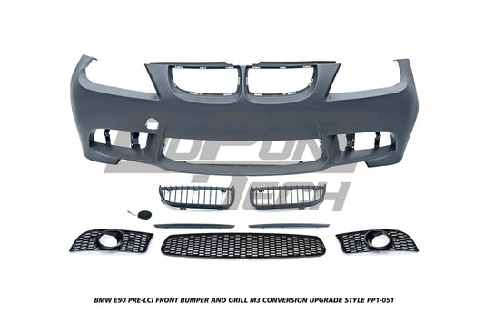 BMW 3 Series E90 Pre-LCI 2006 2007 2008 with Aftermarket Parts - M3 Conversion Upgrade Style Front Bumper and Grill & Fog Light PP Polypropylene/ABS from DuPont Tech