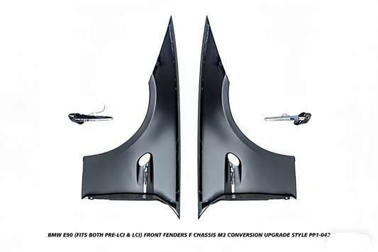 BMW 3 Series E90 (Fits Both Pre-LCI & LCI) 2006 2007 2008 2009 2010 2011 with Aftermarket Parts - F Chassis M3 Conversion Upgrade Style Front Fenders Metal from DuPont Tech