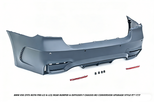 BMW 3 Series E90 (Fits Both Pre-LCI & LCI) 2006 2007 2008 2009 2010 2011 with Aftermarket Parts - F Chassis M3 Conversion Upgrade Style Rear Bumper & Diffuser PP Polypropylene from DuPont Tech