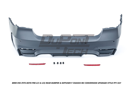 BMW 3 Series E90 (Fits Both Pre-LCI & LCI) 2006 2007 2008 2009 2010 2011 with Aftermarket Parts - F Chassis M3 Conversion Upgrade Style Rear Bumper & Diffuser PP Polypropylene from DuPont Tech