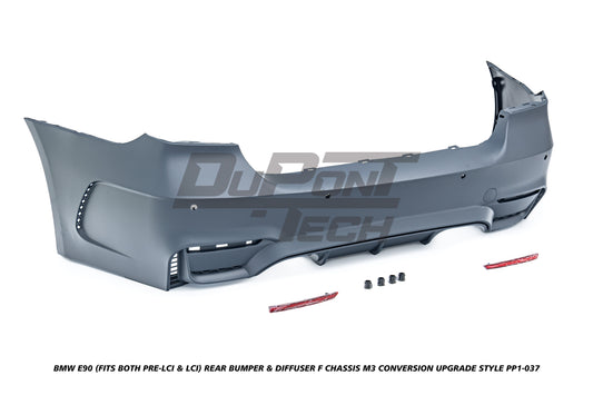 BMW 3 Series E90 (Fits Both Pre-LCI & LCI) 2006 2007 2008 2009 2010 2011 with Aftermarket Parts - F Chassis M3 Conversion Upgrade Style Rear Bumper & Diffuser PP Polypropylene from DuPont Tech