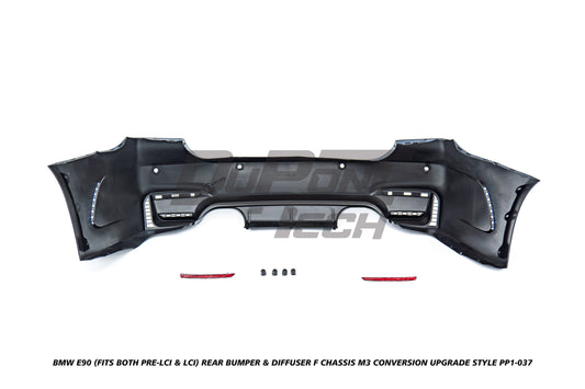 BMW 3 Series E90 (Fits Both Pre-LCI & LCI) 2006 2007 2008 2009 2010 2011 with Aftermarket Parts - F Chassis M3 Conversion Upgrade Style Rear Bumper & Diffuser PP Polypropylene from DuPont Tech