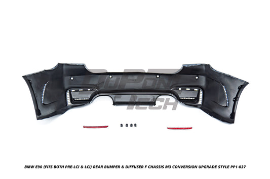 BMW 3 Series E90 (Fits Both Pre-LCI & LCI) 2006 2007 2008 2009 2010 2011 with Aftermarket Parts - F Chassis M3 Conversion Upgrade Style Rear Bumper & Diffuser PP Polypropylene from DuPont Tech
