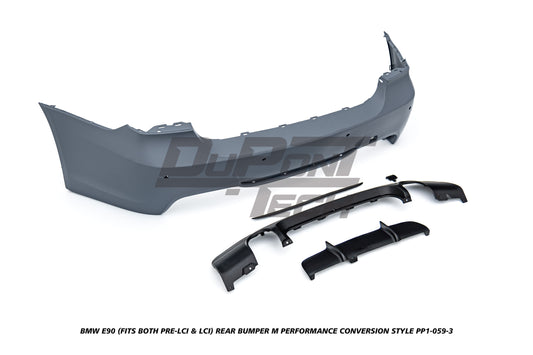 BMW 3 Series E90 (Fits Both Pre-LCI & LCI) 2006 2007 2008 2009 2010 2011 with Aftermarket Parts - M Performance Conversion Style Rear Bumper & Diffuser PP Polypropylene from DuPont Tech