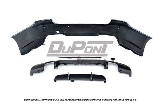 BMW 3 Series E90 (Fits Both Pre-LCI & LCI) 2006 2007 2008 2009 2010 2011 with Aftermarket Parts - M Performance Conversion Style Rear Bumper & Diffuser PP Polypropylene from DuPont Tech