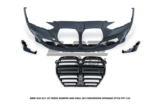 BMW 3 Series M340i 330i 320i G20 G21 LCI 2023-ON with Aftermarket Parts - M3 Conversion Upgrade Style Front Bumper and Grill PP Polypropylene/ABS from DuPont Tech