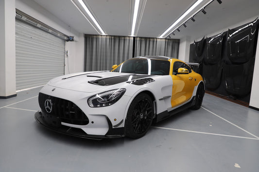 Mercedes Benz AMG GT GTS GTC GTR Pro C190 2016 2017 2018 2019 2020 2021 with Aftermarket Parts - Black Series Conversion Style Hood PP Polypropylene / Dry Pre-preg Carbon Fiber from DuPont Tech