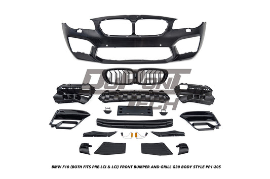 BMW 5 Series M550d 550i 535i 535d 530i 530d 528i 520i 525d 520d 518d F10 (Both Fits Pre-LCI & LCI) 2010 2012 2013 2014 2015 2016 2017 with Aftermarket Parts - G30 Body Style Front Bumper and Grill PP Polypropylene from DuPont Tech