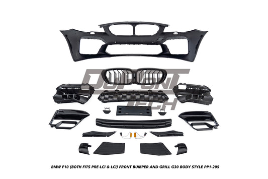 BMW 5 Series M550d 550i 535i 535d 530i 530d 528i 520i 525d 520d 518d F10 (Both Fits Pre-LCI & LCI) 2010 2012 2013 2014 2015 2016 2017 with Aftermarket Parts - G30 Body Style Front Bumper and Grill PP Polypropylene from DuPont Tech