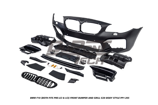 BMW 5 Series M550d 550i 535i 535d 530i 530d 528i 520i 525d 520d 518d F10 (Both Fits Pre-LCI & LCI) 2010 2012 2013 2014 2015 2016 2017 with Aftermarket Parts - G30 Body Style Front Bumper and Grill PP Polypropylene from DuPont Tech