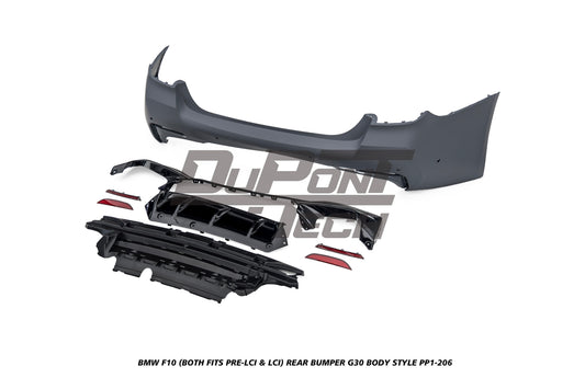 BMW 5 Series M550d 550i 535i 535d 530i 530d 528i 520i 525d 520d 518d F10 (Both Fits Pre-LCI & LCI) 2010 2011 2012 2013 2014 2015 2016 2017 with Aftermarket Parts - G30 Body Style Rear Bumper PP Polypropylene from DuPont Tech