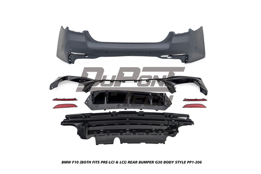 BMW 5 Series M550d 550i 535i 535d 530i 530d 528i 520i 525d 520d 518d F10 (Both Fits Pre-LCI & LCI) 2010 2011 2012 2013 2014 2015 2016 2017 with Aftermarket Parts - G30 Body Style Rear Bumper PP Polypropylene from DuPont Tech