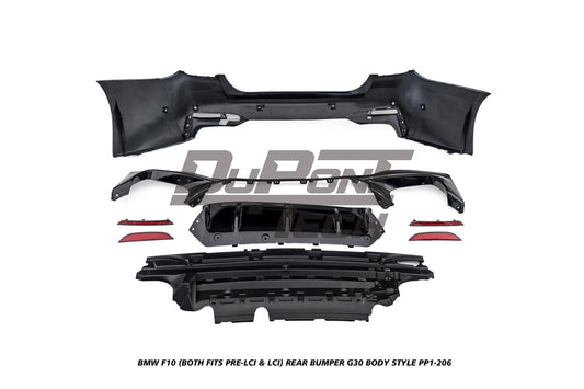BMW 5 Series M550d 550i 535i 535d 530i 530d 528i 520i 525d 520d 518d F10 (Both Fits Pre-LCI & LCI) 2010 2011 2012 2013 2014 2015 2016 2017 with Aftermarket Parts - G30 Body Style Rear Bumper PP Polypropylene from DuPont Tech