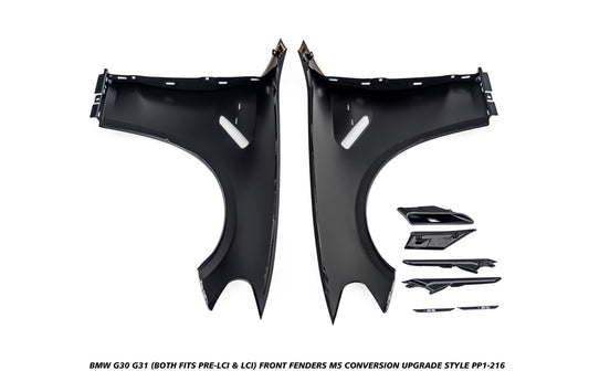 BMW 5 Series M550i 540i G30 G31 (Fits both Pre-LCI & LCI) 2017 2018 2019 2020 2021 2022 2023 with Aftermarket Parts - M5 Conversion Upgrade Style Front Fenders Metal from DuPont Tech