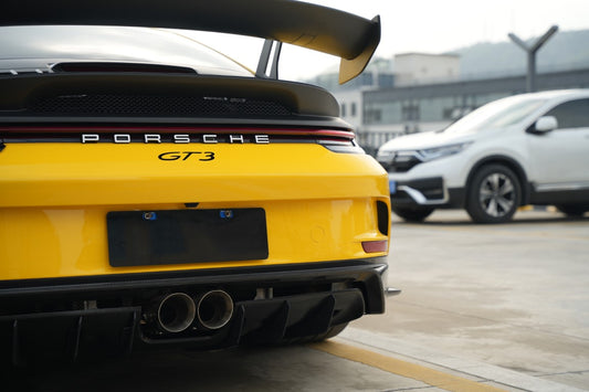 Porsche 911 992.1 Carerra Base/S/T/4/4S/Targa 4/Targa 4S/GTS 2020 2021 2022 2023 2024 & 911 992.2 Carerra Base/S/T/4/4S/Targa 4/Targa 4S/GTS 2025-ON & (designed to be installed on DuPont Tech GT3 conversion rear bumper ONLY) with Aftermarket Parts - GT3 Conversion Style Rear Bumper Lower Panel Dry Pre-preg Carbon Fiber from Dupont Tech