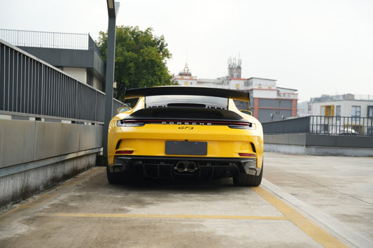Porsche 911 992.1 Carerra Base/S/T/4/4S/Targa 4/Targa 4S/GTS 2020 2021 2022 2023 2024 & 911 992.2 Carerra Base/S/T/4/4S/Targa 4/Targa 4S/GTS 2025-ON & (designed to be installed on DuPont Tech GT3 conversion rear bumper ONLY) with Aftermarket Parts - GT3 Conversion Style Rear Bumper Lower Panel Dry Pre-preg Carbon Fiber from Dupont Tech