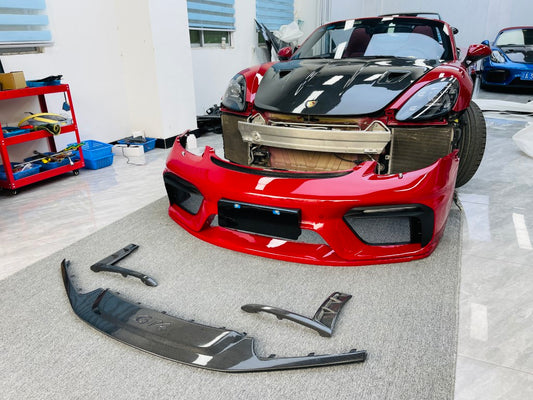 Porsche 718 982 Cayman & Boxster (Base / T / S / GTS / GT4 / Spyder) 2017 2018 2019 2020 2021 2022 2023 2024 2025 with Aftermarket Parts - GT4RS Conversion Style PP Front Bumper & Lip & Valances (with & without GT4 Logo) PP Polypropylene / Dry Pre-preg Carbon Fiber from Dupont Tech
