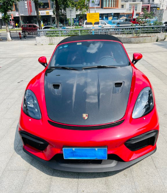 Porsche 718 982 Cayman & Boxster (Base / T / S / GTS / GT4 / Spyder) 2017 2018 2019 2020 2021 2022 2023 2024 2025 with Aftermarket Parts - GT4RS Conversion Style PP Front Bumper & Lip & Valances (with & without GT4 Logo) PP Polypropylene / Dry Pre-preg Carbon Fiber from Dupont Tech