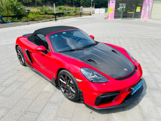 Porsche 718 982 Cayman & Boxster (Base / T / S / GTS / GT4 / Spyder) 2017 2018 2019 2020 2021 2022 2023 2024 2025 with Aftermarket Parts - GT4RS Conversion Style PP Front Bumper & Lip & Valances (with & without GT4 Logo) PP Polypropylene / Dry Pre-preg Carbon Fiber from Dupont Tech