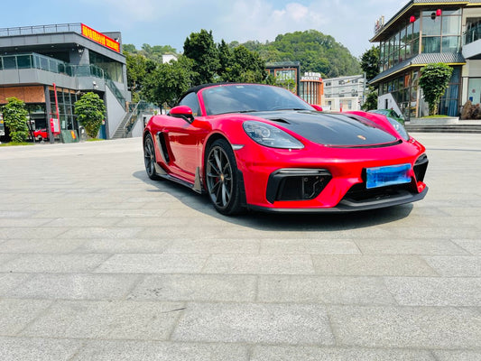 Porsche 718 982 Cayman & Boxster (Base / T / S / GTS / GT4 / Spyder) 2017 2018 2019 2020 2021 2022 2023 2024 2025 with Aftermarket Parts - GT4RS Conversion Style PP Front Bumper & Lip & Valances (with & without GT4 Logo) PP Polypropylene / Dry Pre-preg Carbon Fiber from Dupont Tech
