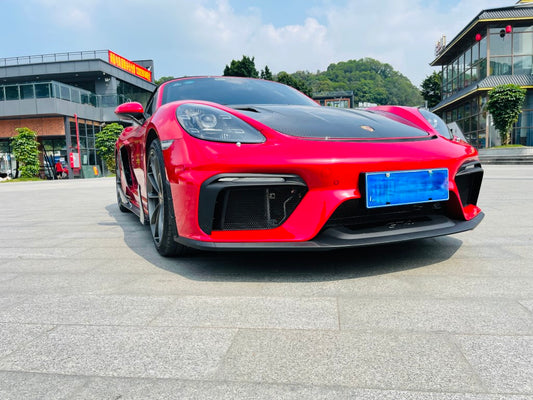 Porsche 718 982 Cayman & Boxster (Base / T / S / GTS / GT4 / Spyder) 2017 2018 2019 2020 2021 2022 2023 2024 2025 with Aftermarket Parts - GT4RS Conversion Style PP Front Bumper & Lip & Valances (with & without GT4 Logo) PP Polypropylene / Dry Pre-preg Carbon Fiber from Dupont Tech