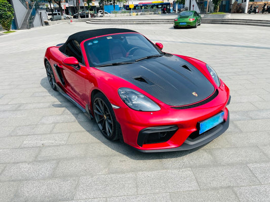 Porsche 718 982 Cayman & Boxster (Base / T / S / GTS / GT4 / Spyder) 2017 2018 2019 2020 2021 2022 2023 2024 2025 with Aftermarket Parts - GT4RS Conversion Style PP Front Bumper & Lip & Valances (with & without GT4 Logo) PP Polypropylene / Dry Pre-preg Carbon Fiber from Dupont Tech