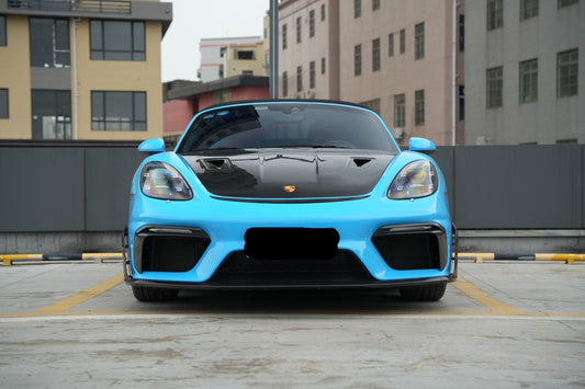 Porsche 718 982 Cayman & Boxster (Base / T / S / GTS / GT4 / Spyder) 2017 2018 2019 2020 2021 2022 2023 2024 2025 with Aftermarket Parts - GT4RS Conversion Style PP Front Bumper & Trims (with & without GT4RS Logo) PP Polypropylene / Dry Pre-preg Carbon Fiber from Dupont Tech