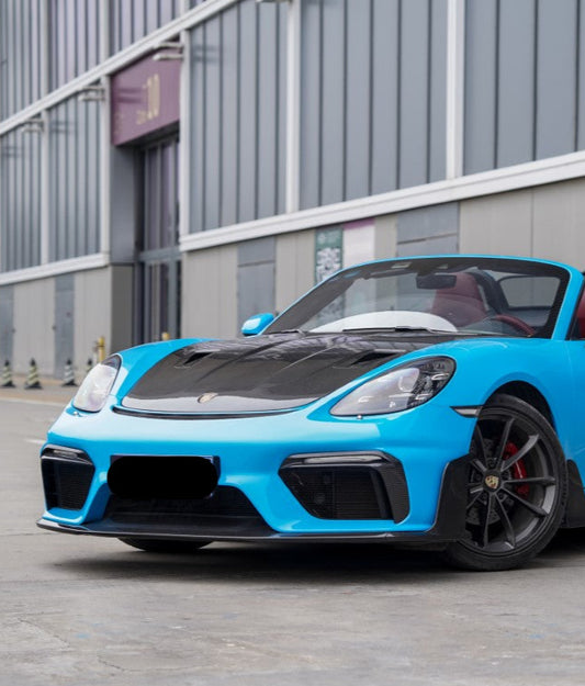 Porsche 718 982 Cayman & Boxster (Base / T / S / GTS / GT4 / Spyder) 2017 2018 2019 2020 2021 2022 2023 2024 2025 with Aftermarket Parts - GT4RS Conversion Style PP Front Bumper & Trims (with & without GT4RS Logo) PP Polypropylene / Dry Pre-preg Carbon Fiber from Dupont Tech