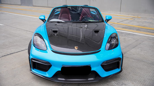 Porsche 718 982 Cayman & Boxster (Base / T / S / GTS / GT4 / Spyder) 2017 2018 2019 2020 2021 2022 2023 2024 2025 with Aftermarket Parts - GT4RS Conversion Style PP Front Bumper & Trims (with & without GT4RS Logo) PP Polypropylene / Dry Pre-preg Carbon Fiber from Dupont Tech