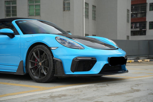 Porsche 718 982 Cayman & Boxster (Base / T / S / GTS / GT4 / Spyder) 2017 2018 2019 2020 2021 2022 2023 2024 2025 with Aftermarket Parts - GT4RS Conversion Style PP Front Bumper & Trims (with & without GT4RS Logo) PP Polypropylene / Dry Pre-preg Carbon Fiber from Dupont Tech
