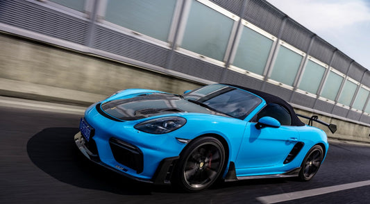 Porsche 718 982 Cayman & Boxster (Base / T / S / GTS / GT4 / Spyder) 2017 2018 2019 2020 2021 2022 2023 2024 2025 with Aftermarket Parts - GT4RS Conversion Style PP Front Bumper & Trims (with & without GT4RS Logo) PP Polypropylene / Dry Pre-preg Carbon Fiber from Dupont Tech