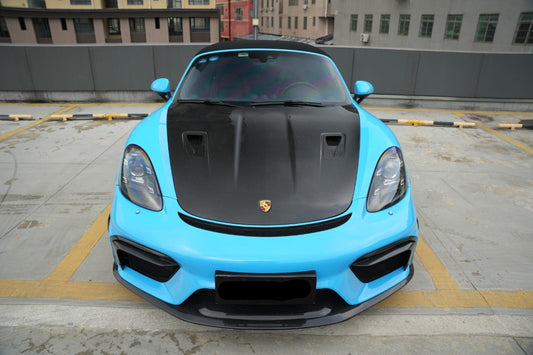 Porsche 718 982 Cayman & Boxster (Base / T / S / GTS / GT4 / Spyder) 2017 2018 2019 2020 2021 2022 2023 2024 2025 with Aftermarket Parts - GT4RS Conversion Style PP Front Bumper & Trims (with & without GT4RS Logo) PP Polypropylene / Dry Pre-preg Carbon Fiber from Dupont Tech