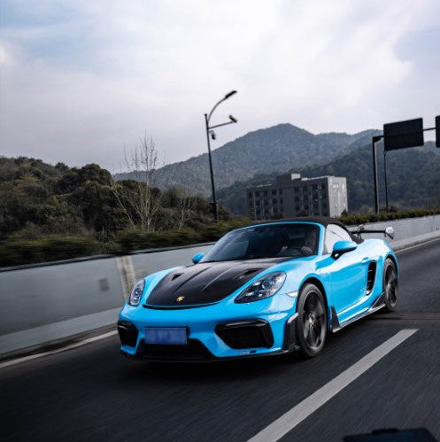 Porsche 718 982 Cayman & Boxster (Base / T / S / GTS / GT4 / Spyder) 2017 2018 2019 2020 2021 2022 2023 2024 2025 with Aftermarket Parts - GT4RS Conversion Style PP Front Bumper & Trims (with & without GT4RS Logo) PP Polypropylene / Dry Pre-preg Carbon Fiber from Dupont Tech