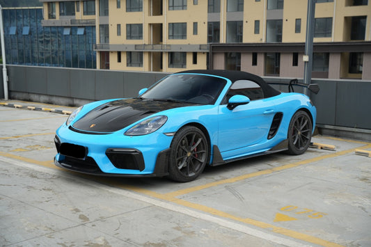 Porsche 718 982 Cayman & Boxster (Base / T / S / GTS / GT4 / Spyder) 2017 2018 2019 2020 2021 2022 2023 2024 2025 with Aftermarket Parts - GT4RS Conversion Style PP Front Bumper & Trims (with & without GT4RS Logo) PP Polypropylene / Dry Pre-preg Carbon Fiber from Dupont Tech