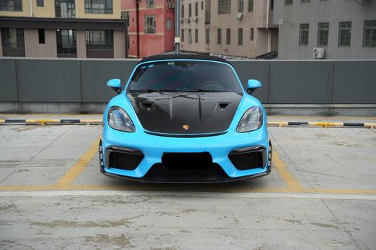 Porsche 718 982 Cayman & Boxster (Base / T / S / GTS / GT4 / Spyder) 2017 2018 2019 2020 2021 2022 2023 2024 2025 with Aftermarket Parts - GT4RS Conversion Style PP Front Bumper & Trims (with & without GT4RS Logo) PP Polypropylene / Dry Pre-preg Carbon Fiber from Dupont Tech