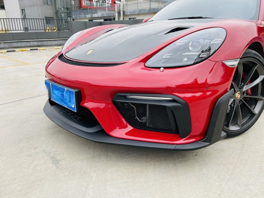 Porsche 718 982 Cayman & Boxster (Base / T / S / GTS / GT4 / Spyder) 2017 2018 2019 2020 2021 2022 2023 2024 2025 with Aftermarket Parts - Spyder Conversion Style Front Bumper & Trims (with & without GT4RS Logo) PP Polypropylene / Dry Pre-preg Carbon Fiber from Dupont Tech