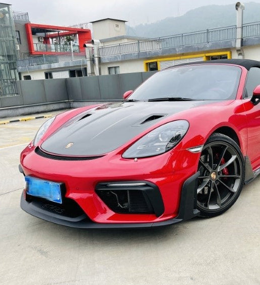 Porsche 718 982 Cayman & Boxster (Base / T / S / GTS / GT4 / Spyder) 2017 2018 2019 2020 2021 2022 2023 2024 2025 with Aftermarket Parts - Spyder Conversion Style Front Bumper & Trims (with & without GT4RS Logo) PP Polypropylene / Dry Pre-preg Carbon Fiber from Dupont Tech