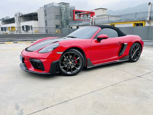 Porsche 718 982 Cayman & Boxster (Base / T / S / GTS / GT4 / Spyder) 2017 2018 2019 2020 2021 2022 2023 2024 2025 with Aftermarket Parts - Spyder Conversion Style Front Bumper & Trims (with & without GT4RS Logo) PP Polypropylene / Dry Pre-preg Carbon Fiber from Dupont Tech