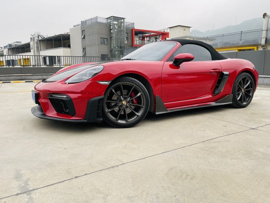 Porsche 718 982 Cayman & Boxster (Base / T / S / GTS / GT4 / Spyder) 2017 2018 2019 2020 2021 2022 2023 2024 2025 with Aftermarket Parts - Spyder Conversion Style Front Bumper & Trims (with & without GT4RS Logo) PP Polypropylene / Dry Pre-preg Carbon Fiber from Dupont Tech
