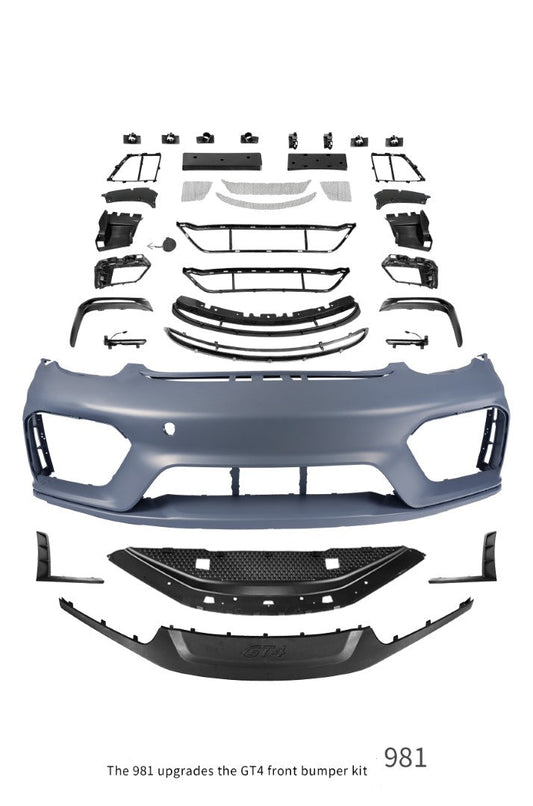 Porsche 981 Cayman & Boxster (all models, including Base / S / GTS / GT4 / Spyder) 2012 2013 2014 2015 2016 with Aftermarket Parts – GT4 Conversion Style Front Bumper & Trims (with & without GT4 Logo) PP Polypropylene / Dry Pre-preg Carbon Fiber from Dupont Tech