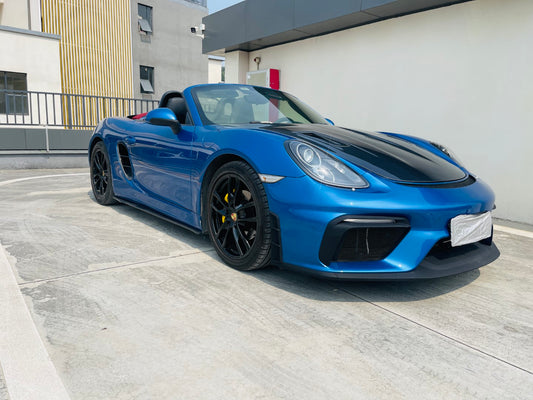 Porsche 981 Cayman & Boxster (all models, including Base / S / GTS / GT4 / Spyder) 2012 2013 2014 2015 2016 with Aftermarket Parts – GT4 Conversion Style Front Bumper & Trims (with & without GT4 Logo) PP Polypropylene / Dry Pre-preg Carbon Fiber from Dupont Tech