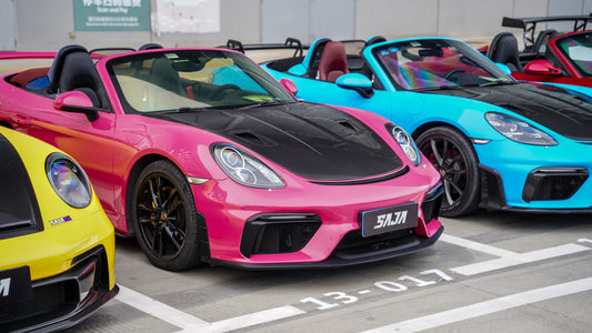 Porsche 981 Cayman & Boxster (all models, including Base / S / GTS / GT4 / Spyder) 2012 2013 2014 2015 2016 with Aftermarket Parts – GT4 Conversion Style Front Bumper & Trims (with & without GT4 Logo) PP Polypropylene / Dry Pre-preg Carbon Fiber from Dupont Tech