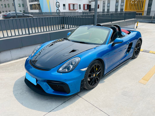 Porsche 981 Cayman & Boxster (all models, including Base / S / GTS / GT4 / Spyder) 2012 2013 2014 2015 2016 with Aftermarket Parts – GT4 Conversion Style Front Bumper & Trims (with & without GT4 Logo) PP Polypropylene / Dry Pre-preg Carbon Fiber from Dupont Tech