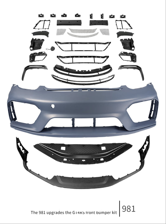 Porsche 981 Cayman & Boxster (all models, including Base / S / GTS / GT4 / Spyder) 2012 2013 2014 2015 2016 with Aftermarket Parts – GT4RS Conversion Style Front Bumper & Trims (with & without GT4RS Logo) PP Polypropylene / Dry Pre-preg Carbon Fiber from Dupont Tech